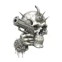 a skull with two hand guns making an x with his arms looking to the sky  tattoo design idea