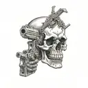 a skull with two hand guns making an x with his arms looking to the sky  tattoo design idea