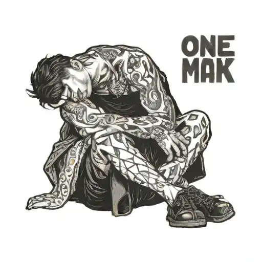 one man sitting, hugging their knees, smiling tattoo design idea