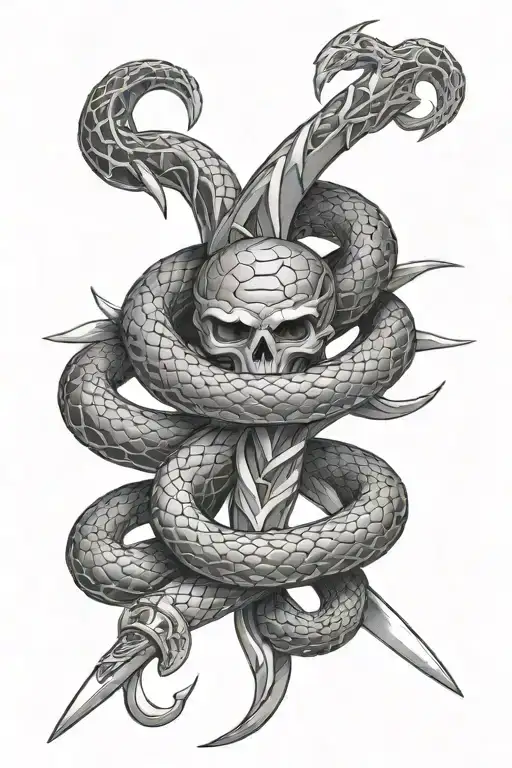 cross sword piercing snake intertwined tattoo design idea