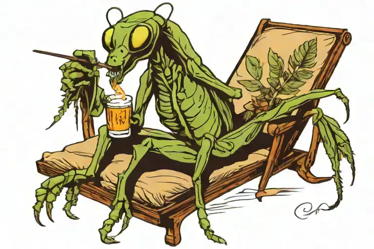 praying mantis in a beach chair smoking a cigarette and drinking whiskey tattoo design idea
