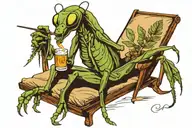 praying mantis in a beach chair smoking a cigarette and drinking whiskey tattoo design idea