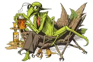 praying mantis in a beach chair smoking a cigarette and drinking whiskey tattoo design idea