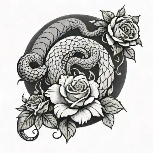 moon snake an roses tattoo design idea