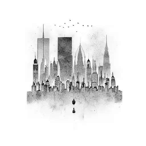 Black street skyline with silhouettes of iconic buildings tattoo design idea