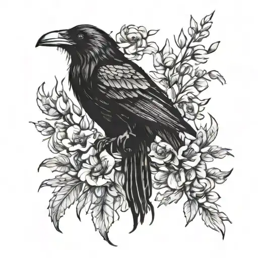 raven and snapdragon flowers tattoo design idea