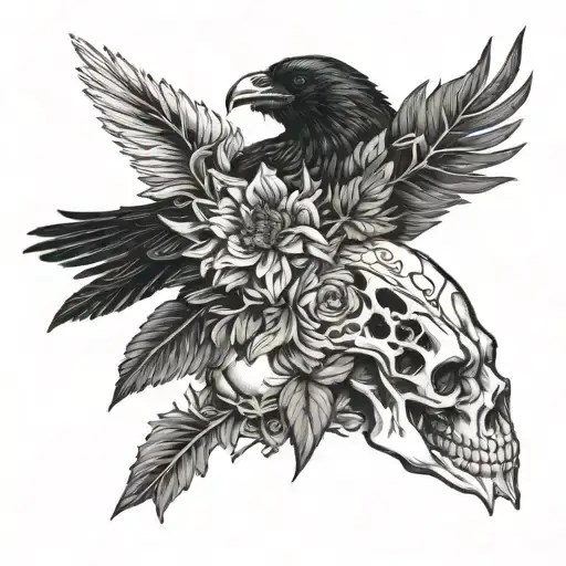 raven with snap dragons skull tattoo design idea