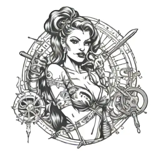 A sexy pin-up girl with tools incorporated into her design, surrounded by death metal lyrics tattoo design idea