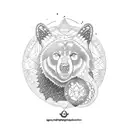 A bear and wolf intertwined in a cosmic-themed blackwork design, representing the entrepreneur's connection to nature and the universe tattoo design idea