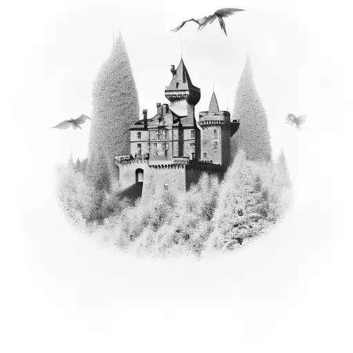 A black-grey tattoo of a Scottish castle surrounded by Italian cypress trees tattoo design idea