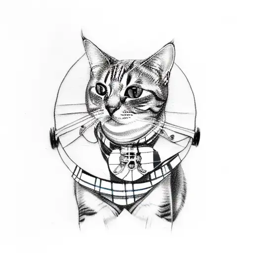 A sketch-style tattoo of a cat dressed in traditional Scottish tartan, sitting on top of an Italian Vespa tattoo design idea