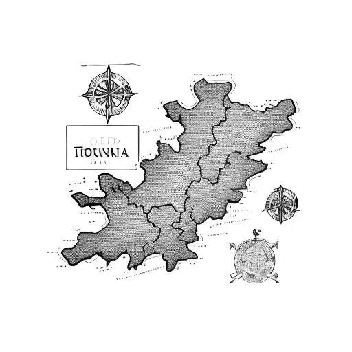 A blackwork tattoo of a map of Italy and Scotland intertwined, with a car driving across the border tattoo design idea