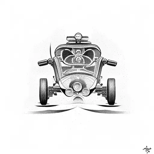 A dotwork tattoo of a vintage Italian sports car racing through the Canadian Rockies tattoo design idea