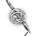 A tattoo design featuring a microphone and a pen intertwined, representing your passion for composing and singing, in a dotwork style tattoo design idea