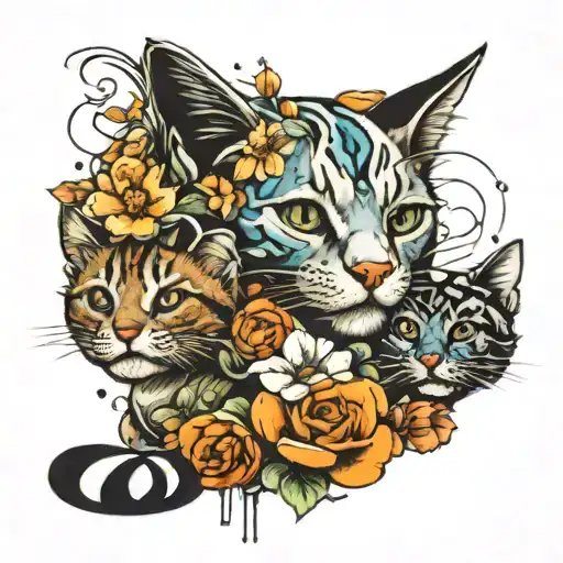 Tattoo on hand. Cat family, flowers, splashes tattoo design idea