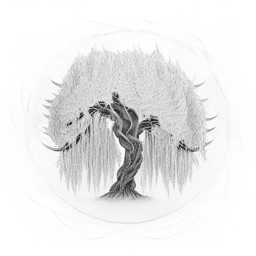 a white willow tree cascading in the wind. with the symbol of hecate etched into the tree tattoo design idea