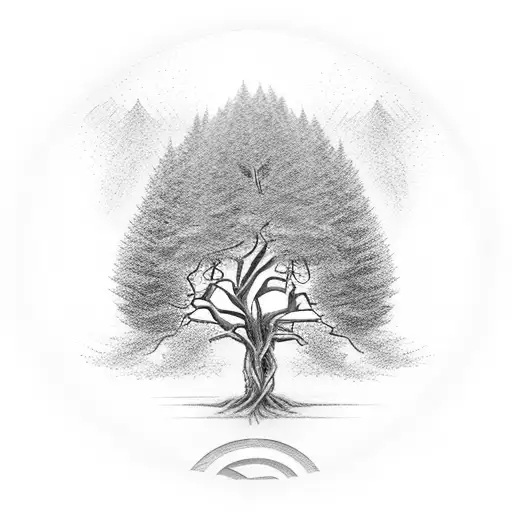 a willow tree with the symbol of hecate etched inside of the tree. the branches and leaves cascading in the wind as the  tattoo design idea