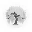 a white willow tree cascading in the wind. with the symbol of hecate etched into the tree tattoo design idea