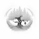 a white willow tree cascading in the wind. with the symbol of hecate etched into the tree tattoo design idea