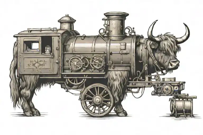 highland cow, steam train and book open in front tattoo design idea