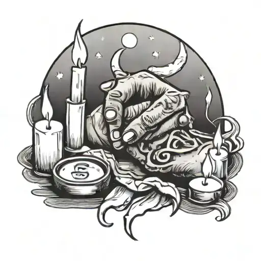 praying hands surrounded by candles with the moon and money on the floor tattoo design idea