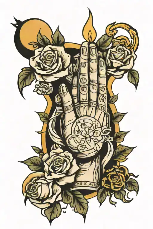 praying hands, candles, hardwork emoji, money bag and the moon tattoo design idea