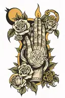 praying hands, candles, hardwork emoji, money bag and the moon tattoo design idea