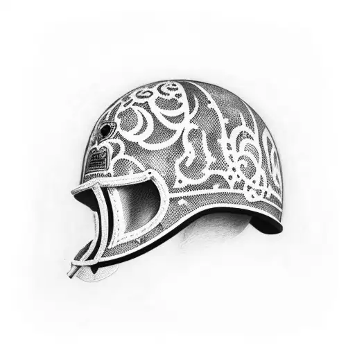 A dotwork tattoo of a motorcycle helmet adorned with hunting camouflage patterns tattoo design idea