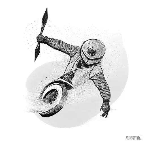 A blackwork tattoo of a motorcycle tire track transforming into hunting arrows tattoo design idea