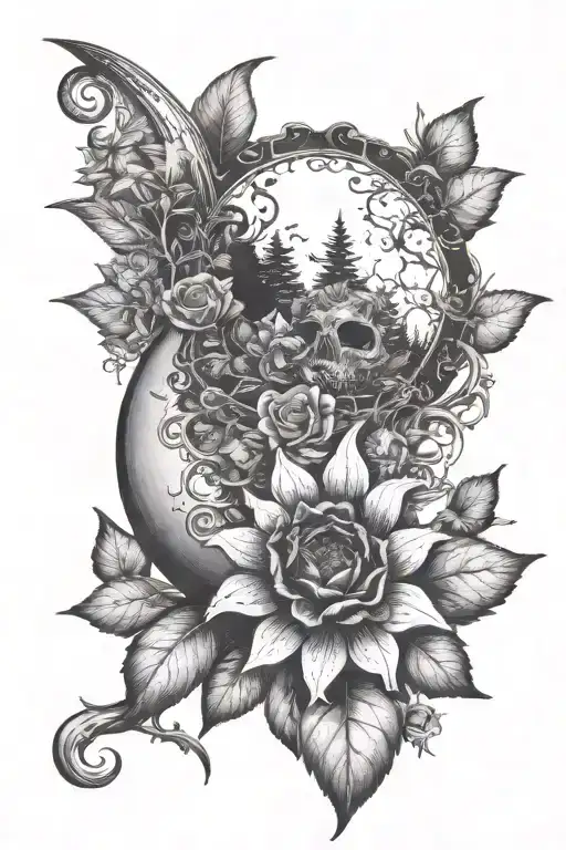crescent moon with dark forest in the background surrounded by Moths vines and Popies and violets  tattoo design idea