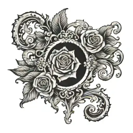 Detailed black and white tattoo design featuring an ornate, vintage-style frame with intricate scrollwork and a small cl tattoo design idea
