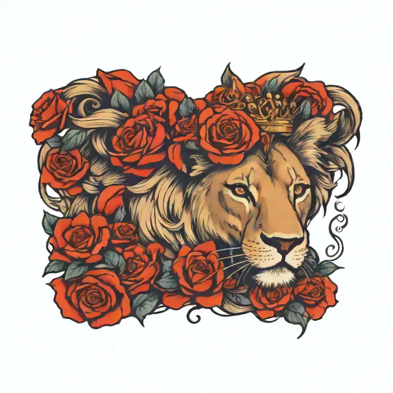 Female Lion with a crown with cascading roses   tattoo design idea