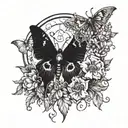 Death Moth in a cresent Moon surrounded by florals Violets and poppie flowers  tattoo design idea