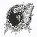 Death Moth in a cresent Moon surrounded by florals Violets and poppie flowers  tattoo design idea
