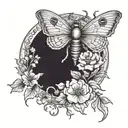 Death Moth in a cresent Moon surrounded by florals Violets and poppie flowers  tattoo design idea