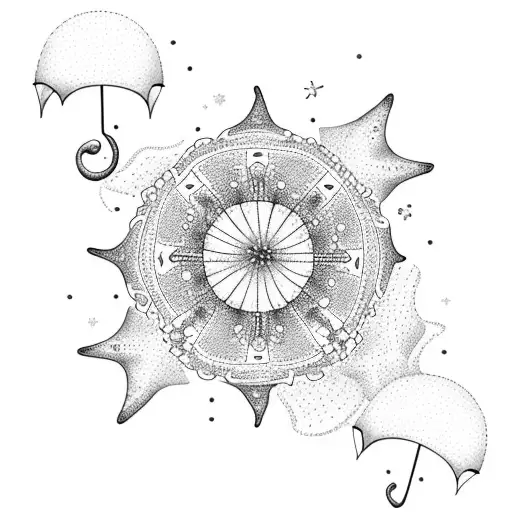 A beach scene with a floral umbrella under a starry night sky tattoo design idea