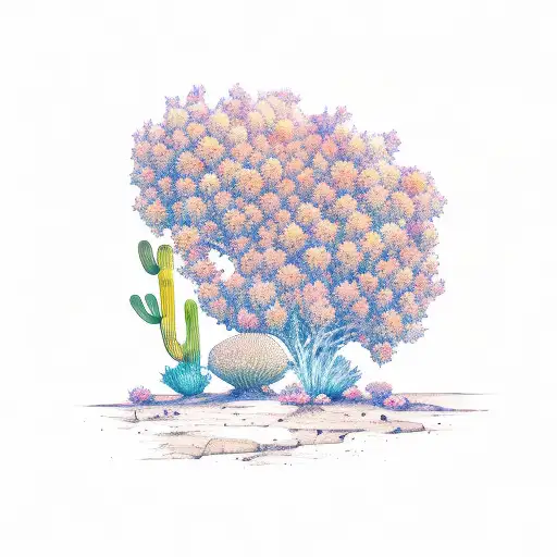 A desert landscape with a colorful sunset sky and a blooming flower in the foreground tattoo design idea