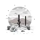 A desert landscape with a colorful sunset sky and a blooming flower in the foreground tattoo design idea