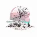 A desert landscape with a colorful sunset sky and a blooming flower in the foreground tattoo design idea