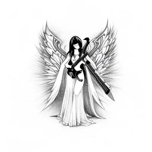 A gothic angel playing a heavy metal guitar on a moonlit stage tattoo design idea