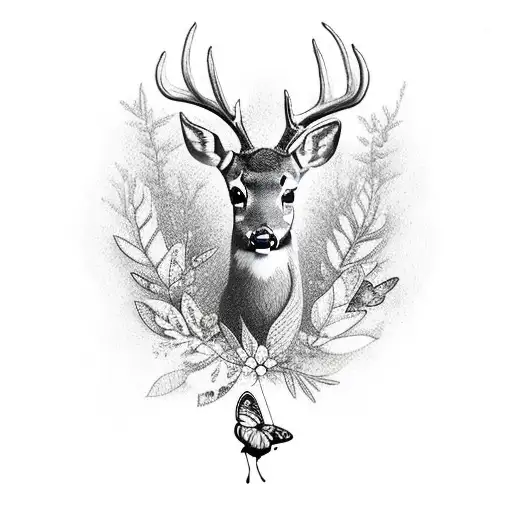 a deer with a butterfly on nose in a meadow at night tattoo design idea