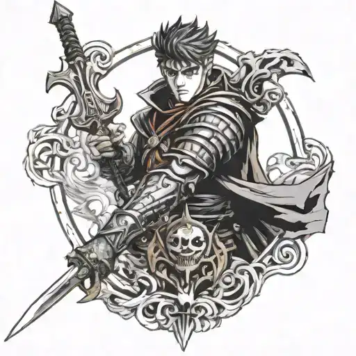 Guts from the anime Berserk and bland from Elden ring tattoo design idea