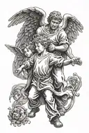 Angel father figure walking with his son holding hands helping the boy fight all the challenges in life tattoo design idea