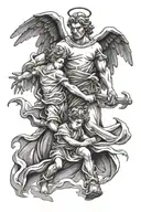 Angel father figure walking with his son holding hands helping the boy fight all the challenges in life tattoo design idea