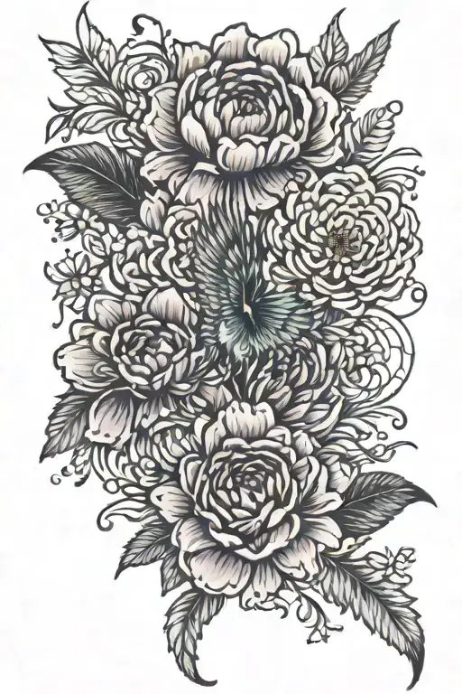 A thigh tattoo with daisies, sweat peas, roses, honey suckle, chrysanthemum, a peony and a peacock feather  tattoo design idea