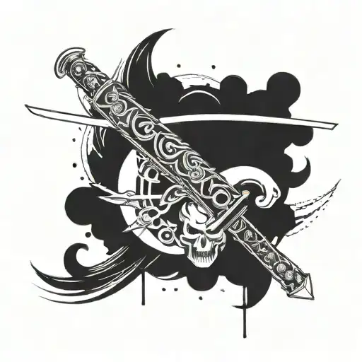 Design a cybernetic arm holding a katana with Japanese symbols integrated in the background tattoo design idea