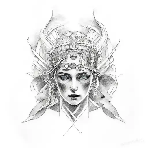 A blackwork tattoo of a paint palette with a Greek goddess emerging from the colors tattoo design idea