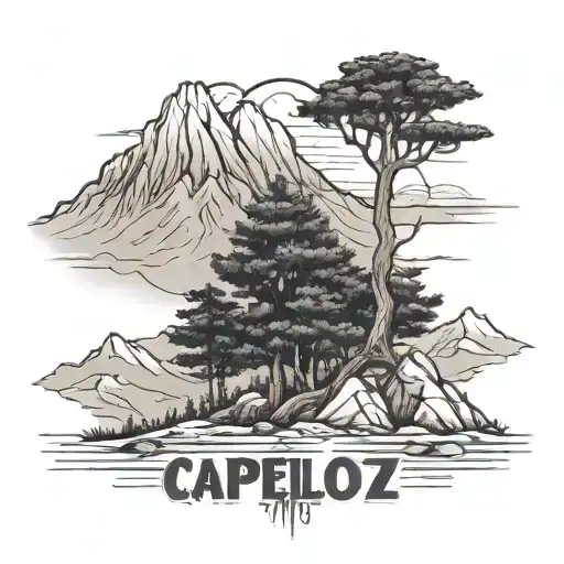 Black and white sketch style of Araucaria tree in the foreground and mountains in the background with the name capellozz tattoo design idea