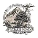 Black and white sketch style of Araucaria tree in the foreground and mountains in the background with the name capellozz tattoo design idea