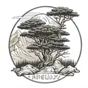 Black and white sketch style of Araucaria tree in the foreground and mountains in the background with the name capellozz tattoo design idea